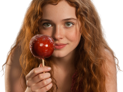 Young woman with red hair holding a candied apple isolated on transparent background