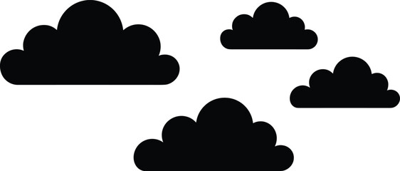 Cloud silhouette set, black fluffy clouds, cartoon style, weather icons, atmospheric shapes, vector illustration, sky elements, graphic design assets