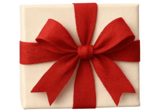 Gift box wrapped in cream paper with red ribbon and bow, celebrating holidays and special occasions, transparent background