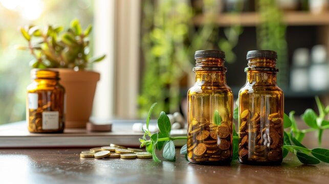 Exploring pharmaceutical and healthcare research with medicine bottles and currency for context