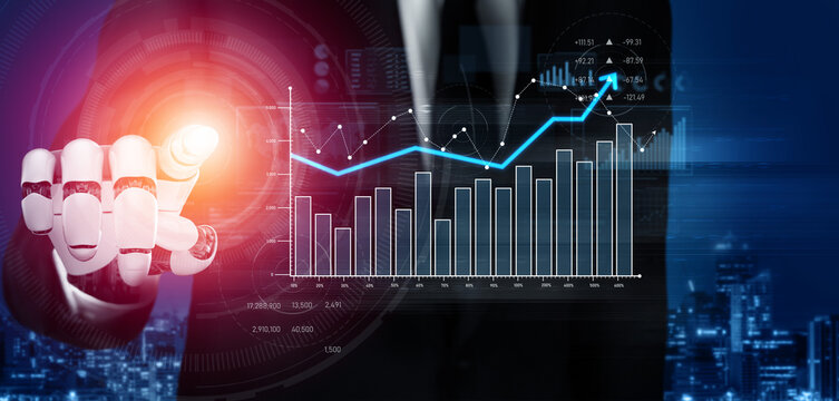 A businessman dressed in a suit uses a futuristic robotic hand to interact with a data visualization interface, representing innovation in technology and modern business. Scalp