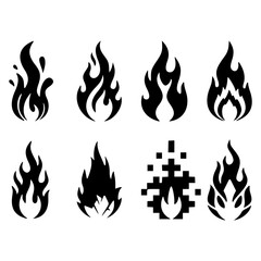 Black white Fire and Flame Icon Set with Varied Styles, Including Pixel Art and Modern Vector