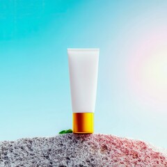 A white cosmetic tube with a gold cap stands on a textured surface, with a small green leaf nearby, against a bright blue sky.