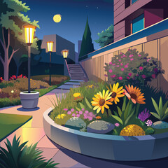 Illuminated Garden Pathway at Night with Blooming Flowers Keywords: night, garden, pathway