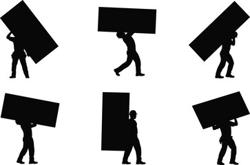 Construction workers carrying panels, black silhouette, manual labor, safety helmet, building site, heavy lifting, teamwork pose, industrial effort, tool belt