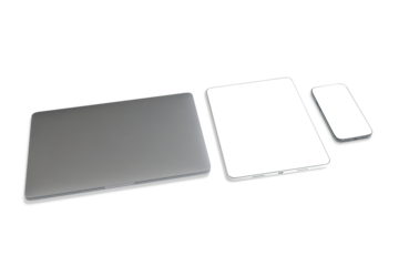 Three devices: laptop, tablet, smartphone on white, isolated, PNG