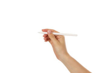 Hand grasping a white pen against a plain background, isolated, PNG