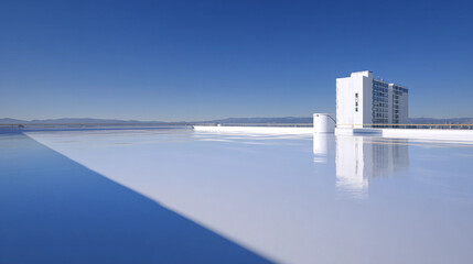 Blue Sky Reflected on Pristine White Rooftop with Modern Building and Paint Can, Generative AI