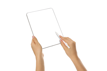Hands holding a blank tablet with a stylus adding notes, isolated, PNG