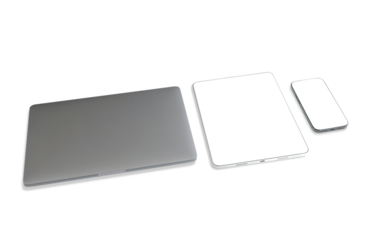 Three devices: laptop, tablet, smartphone on white, isolated, PNG