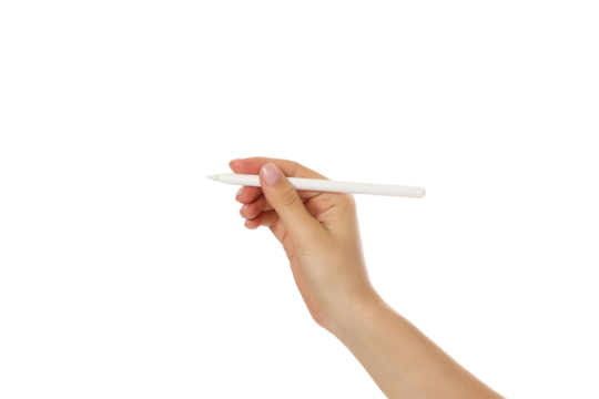 Hand grasping a white pen against a plain background, isolated, PNG