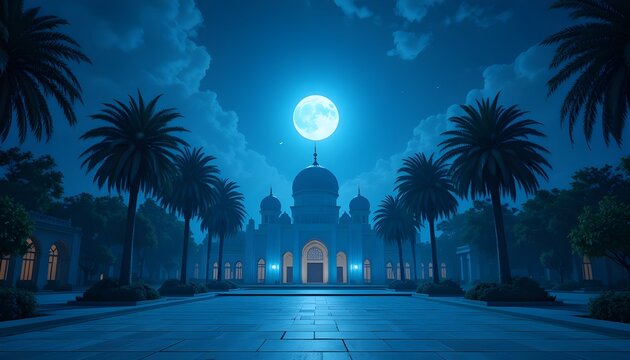 Peaceful mosque garden under full moon, palm trees casting shadows, gentle blue