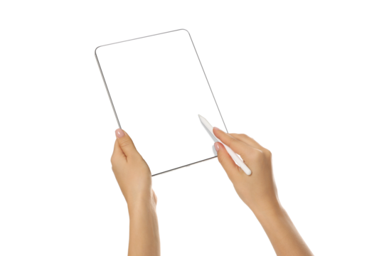 Hands holding a blank tablet with a stylus adding notes, isolated, PNG