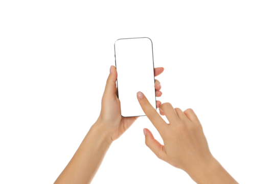 Hand interacts with a blank smartphone screen, isolated, PNG