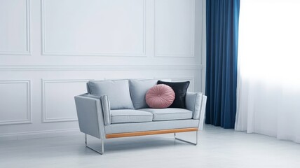 Elegant light blue sofa anchors a clean modern living space. White paneled walls, dark patterned throw pillow, and a soft pink round cushion create calm, stylish comfort with natural daylight.