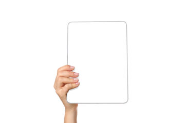 Hand holds a blank tablet on a white background, isolated, PNG