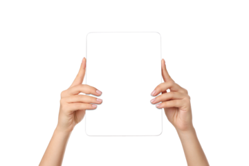 Hands holding a blank tablet with an empty screen, isolated, PNG
