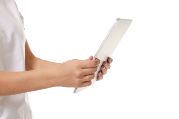 Person holding a blank tablet in both hands, isolated, PNG