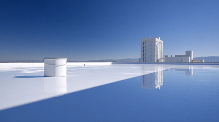 Pristine Blank White Paint Can on Reflective Rooftop Surface with Blue Sky and Cityscape, Generative AI