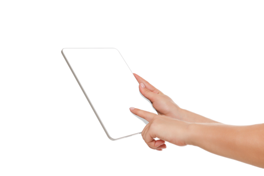 Two hands holding a tablet, finger on screen, isolated, PNG