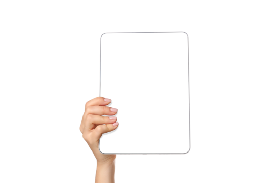 Hand holds a blank tablet on a white background, isolated, PNG