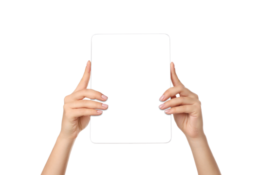 Hands holding a blank tablet with an empty screen, isolated, PNG