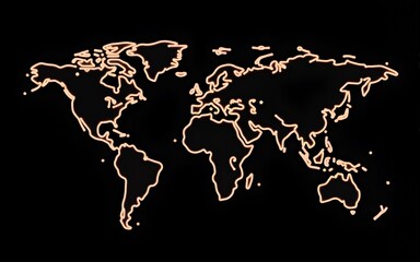 Minimalist world map with gold outline on black background. Perfect for travel agencies, global travel companies, and businesses evoking adventure. Generative AI. High quality