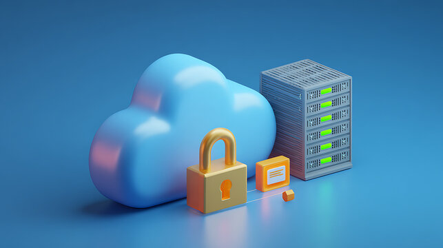 Secure cloud data storage with digital server protected by gold padlock, innovative cloud security technology for modern business, safe information transfer