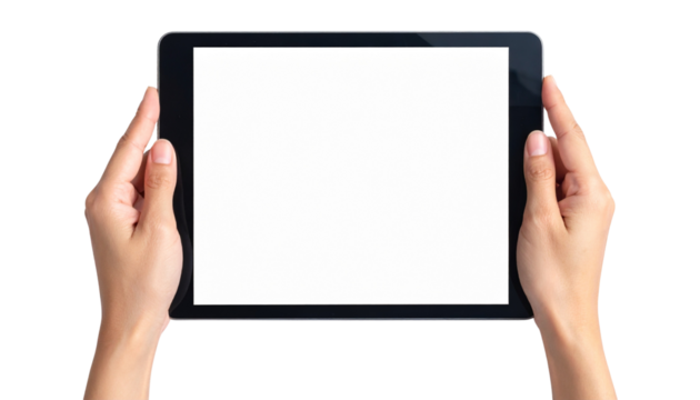 Two Hands Holding Blank White Screen Tablet PC Horizontal Mockup Isolated