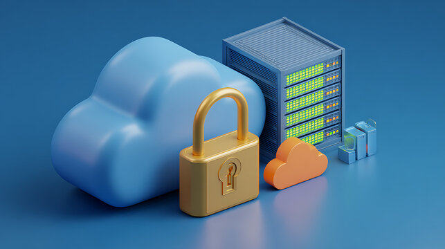 Secure cloud computing with gold padlock protects servers and data, ensuring advanced technology cybersecurity and data safety for modern business solutions