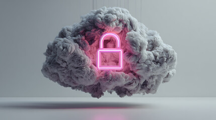 Secure cloud data protection with glowing padlock, representing modern cybersecurity and digital privacy solutions, perfect for tech and business applications