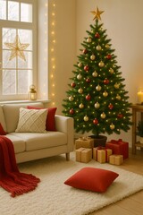 Vertical Mobile-Size Cozy Christmas Living Room with Tree and Gifts – Warm Holiday Interior Featuring Beige Sofa, Red Blanket, Golden Ornaments, and Soft Lighting for Festive Winter Home Decor