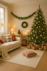 Vertical Mobile-Size Cozy Christmas Living Room with Tree and Gifts – Warm Holiday Interior Featuring Beige Sofa, Garland, Wreath, and Soft Lighting for Festive Winter Home Decoration