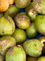 Fresh green tender coconuts piled at a market, with husks intact and ready for sale, a refreshing tropical drink popular across Tamil Nadu.