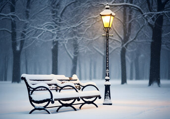 A solitary snow-covered bench and glowing lamppost in a quiet winter park scene