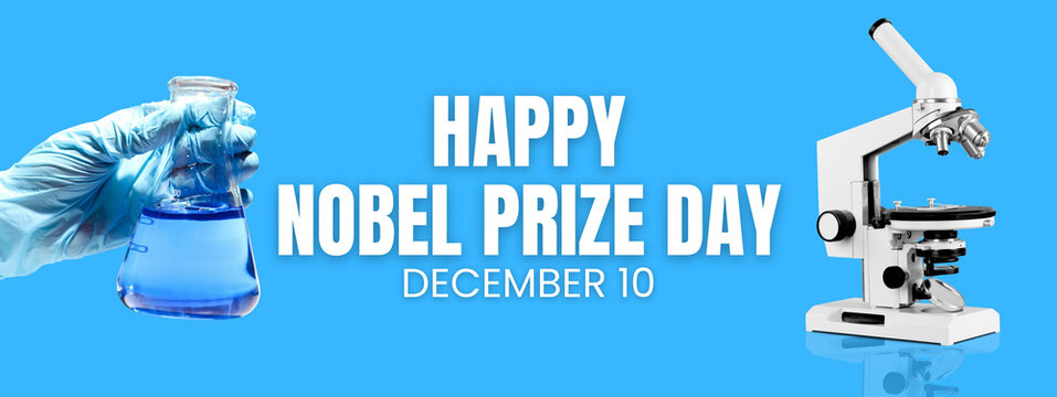 Blue background with flask, microscope, and text