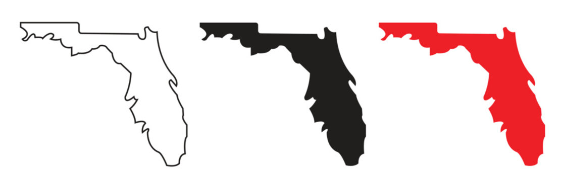 Three icons representing the state of florida in different styles outline, black silhouette, and red silhouette