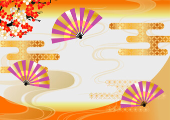 オレンジの年賀素材扇和柄背景素材
