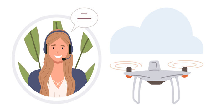 Woman with a headset speaking and operating a flying quadcopter near a cloud. Ideal for technology, communication, remote work, aerial navigation, customer service, innovation, future trends. Perfect - Powered by Adobe