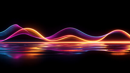 Vibrant neon wave glows with electric energy reflecting on a dark, glossy surface, perfect for tech and music visuals