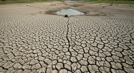 Desolate cracked earth reveals devastating drought impact, a stark visual of environmental crisis and the urgent need for water conservation.
