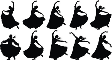 Dancer silhouette illustration, flowing skirt poses, graceful movement, expressive arms, black vector, dance routine, artistic style, elegance, fashion concept