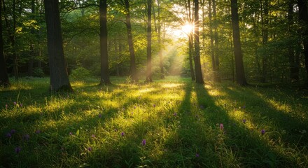 Obraz premium Sunbeams pierce through lush green forest canopy, illuminating wildflowers and grass with a golden glow, creating a serene and magical woodland scene for nature lovers.