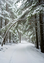 Serene winter wonderland path through snow-covered evergreen forest, peaceful landscape