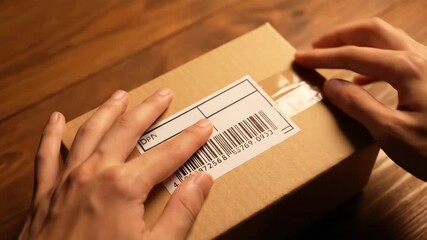 Careful hands sealing a brown cardboard box with transparent tape, preparing a package for delivery or shipment on a rustic wooden surface