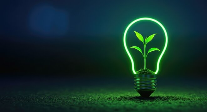 Bright green glowing lightbulb symbolizes new growth and innovative sustainable energy solutions for a healthier planet, capturing ecological inspiration. - Powered by Adobe