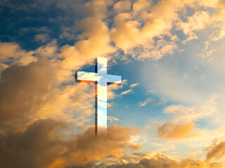 Cross christian god religion on sunset background, jesus church worship pray catholic grace christ, symbols christ love holy spiritual hope peach victory spirit meditation catholicism crucifix trush.