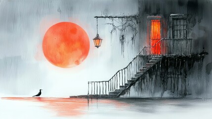 A surreal and atmospheric scene featuring a large, textured orange moon, a silhouetted bird, and a dimly lit building with a glowing red door and a dark stairca