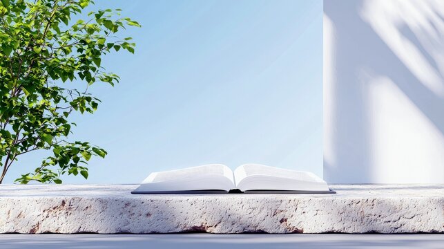 An open, blank white book rests on a textured stone ledge against a clear blue sky and a leafy green tree.