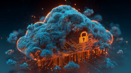 Secure cloud computing concept featuring glowing digital padlock, representing data protection and cybersecurity in modern technology